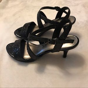 Black Sparkle Strappy 3-Inch Heels. Size 7.5
